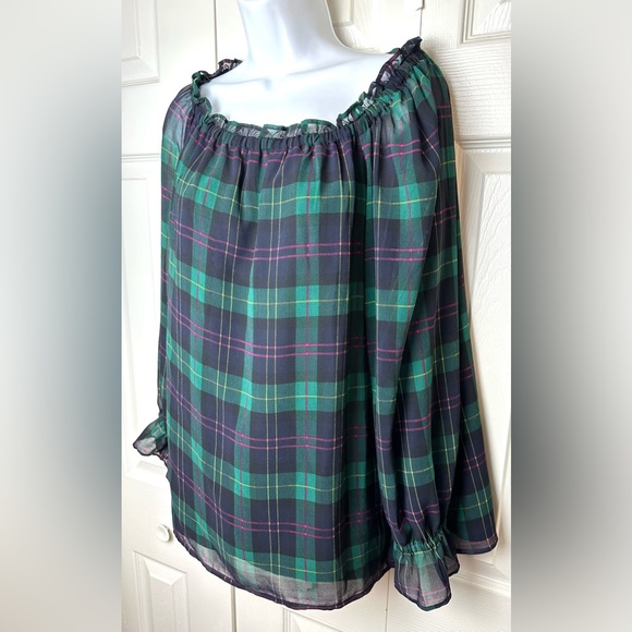 TALBOTS Petite Plaid Popover Blouse Top Shirt Tartan Flowy Green Black Pink - Picture 6 of 14